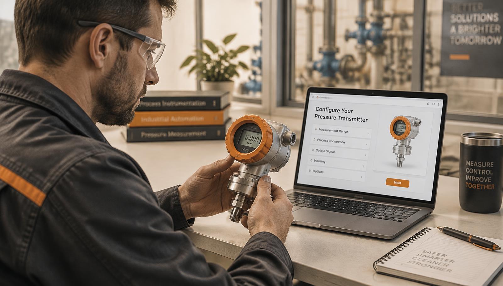 Engineer configuring a pressure transmitter with a product configurator on a laptop